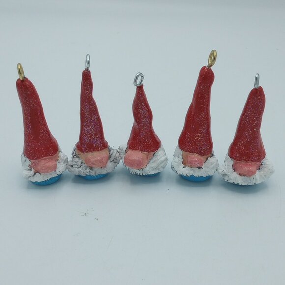 Red & Aqua Gnome Ornaments Christmas Pendant Handmade Original Folkart Set of 5 - Picture 2 of 8